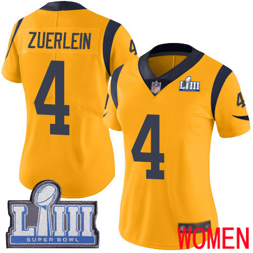 Los Angeles Rams Limited Gold Women Greg Zuerlein Jersey NFL Football #4 Super Bowl LIII Bound Rush Vapor Untouchable